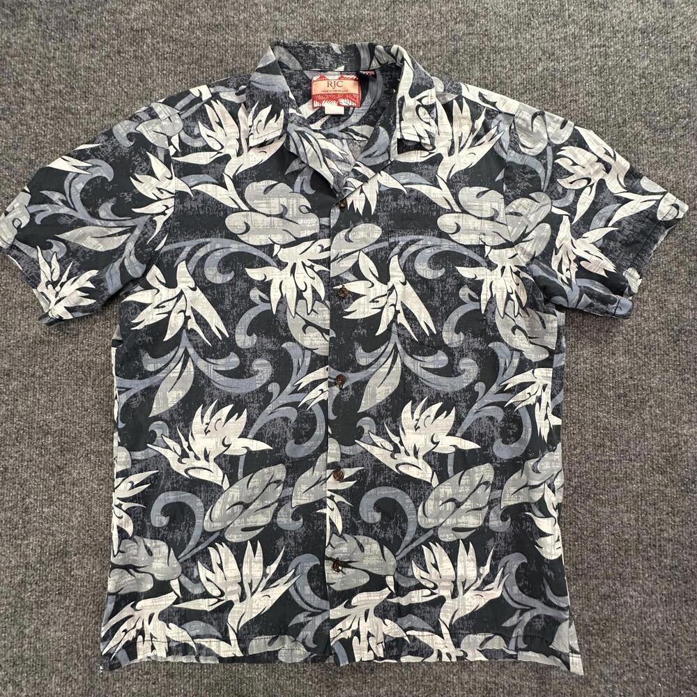 RJC Mens Hawaiian Shirt Black White Floral Bird of Paradise Made in USA Large